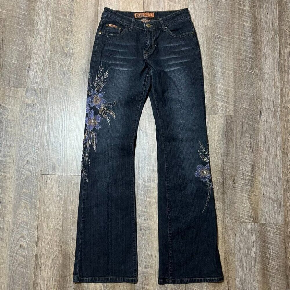2000s Y2k Floral Sequin Low Rise Flare Dark Wash Jeans Womens Size 5/27